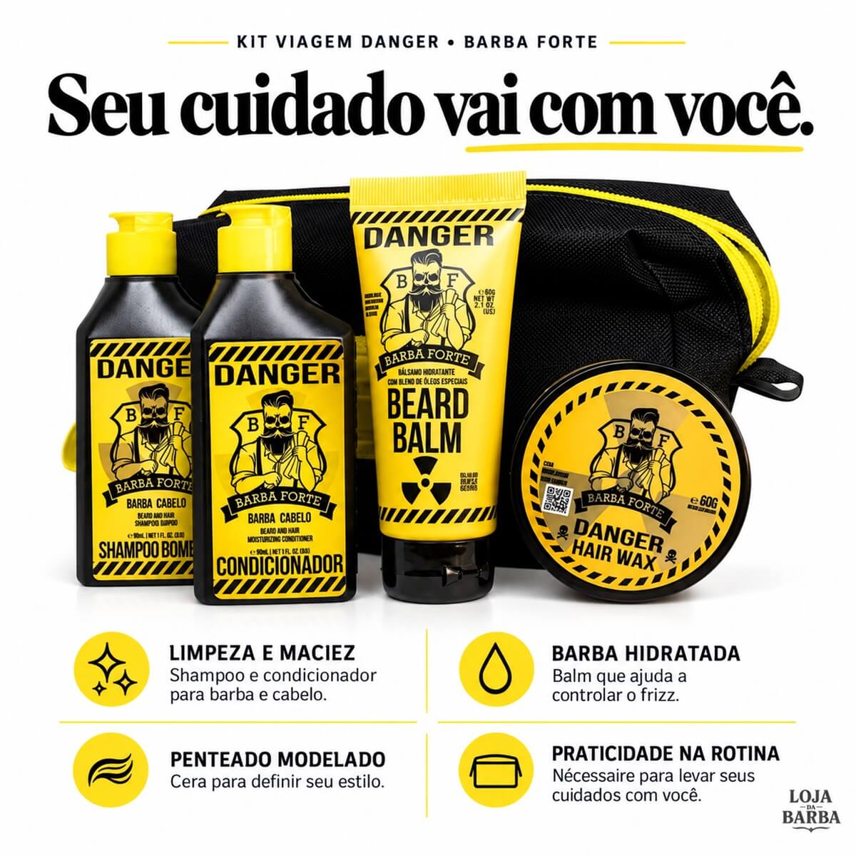 Kit Viagem Danger Barba Forte - 4 Produtos + Necessaire — BARBA FORTE