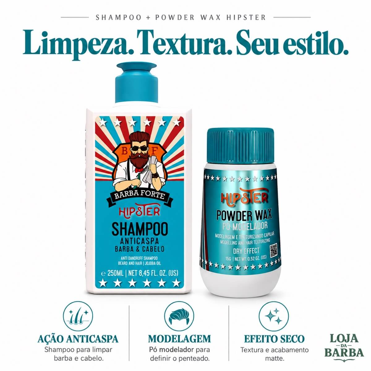Kit Hipster Barba Forte Shampoo Anticaspa + Pó Modelador Powder Wax — BARBA FORTE
