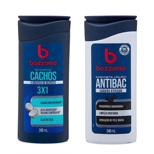 Kit Bozzano Shampoo 3 em 1 Cachos 200ml + Sabonete Líquido Carvão Ativado 240ml