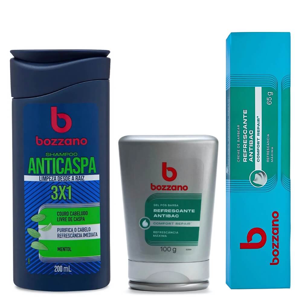 Kit Creme de Barbear Refrescante, Gel Pós Barba e Shampoo Anticaspa Bozzano — BOZZANO