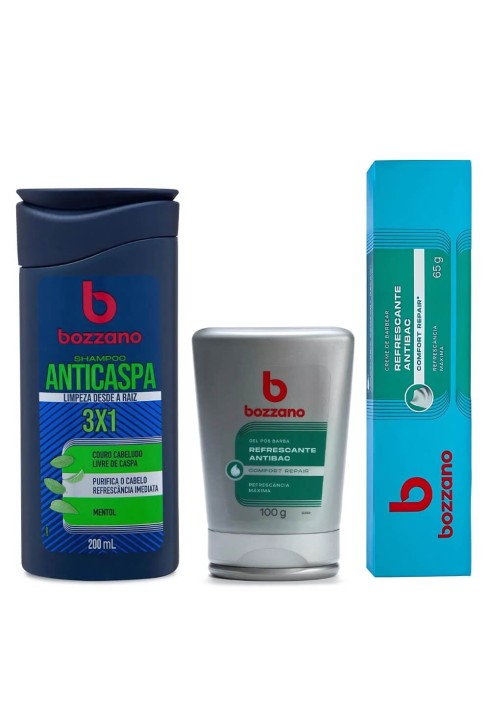 Kit Creme de Barbear Refrescante, Gel Pós Barba e Shampoo Anticaspa Bozzano — BOZZANO