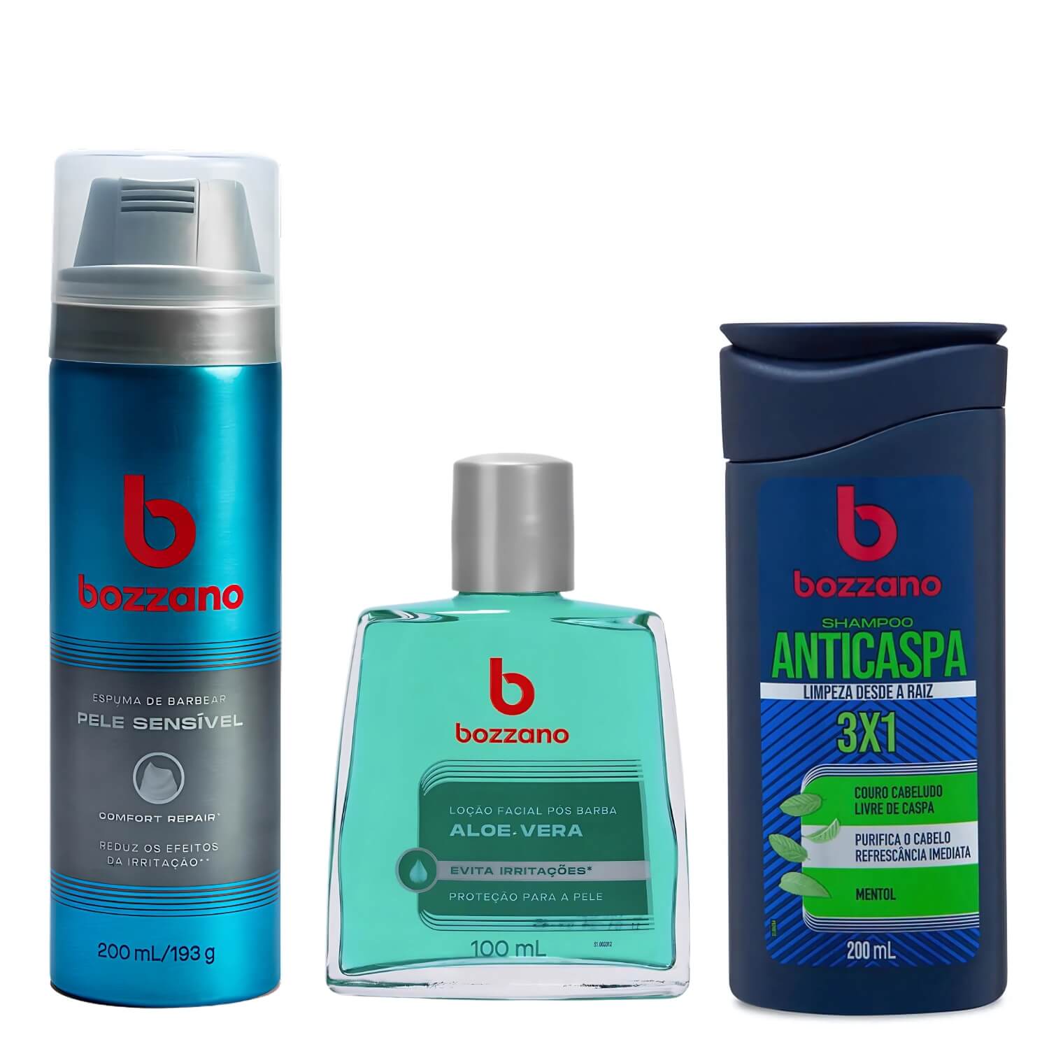 Kit Shampoo Anticaspa Bozzano + Espuma Pele Sensível e Loção Aloe Vera — BOZZANO