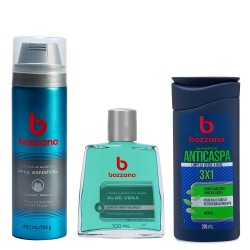 Kit Shampoo Cabelo Anticaspa Bozzano + Espuma de Barbear Pele Senível + Loção Pós Barba Alore Vera