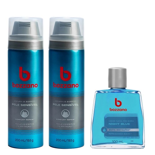 Kit 2 Espuma Barbear Pele Sensível e Loção Pós Barba Bozzano Night Blue