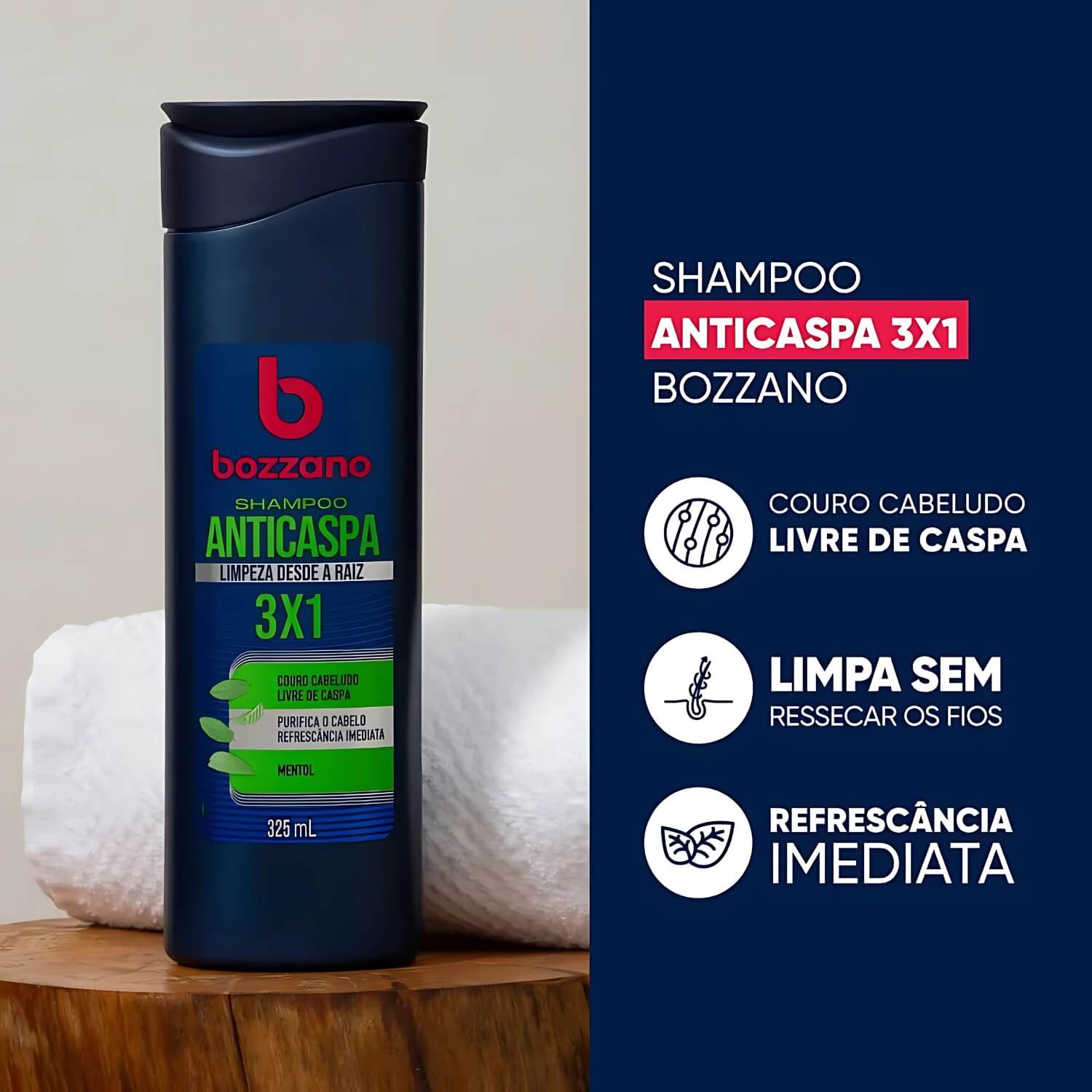 Kit 2 Unidades Shampoo para Cabelo Anticaspa 3x1 Bozzano 325ml — BOZZANO