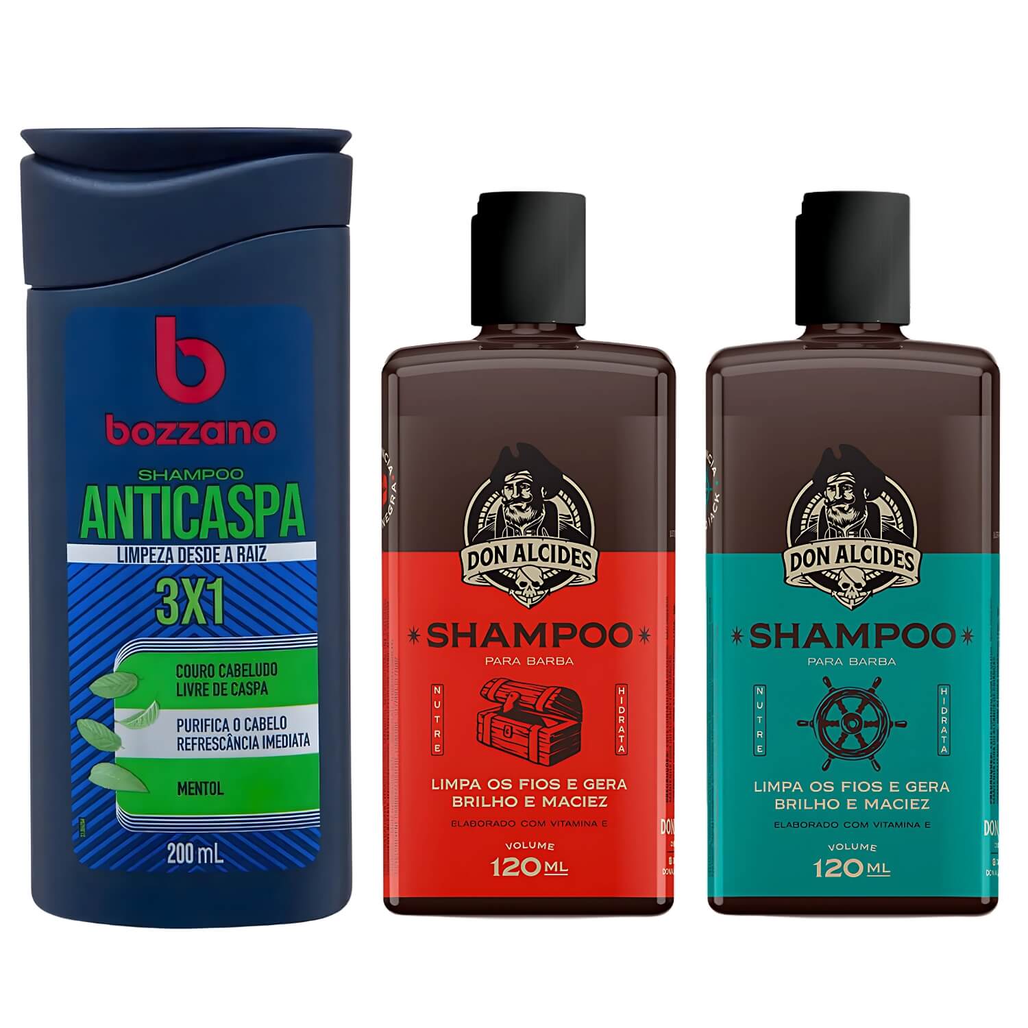 Kit 2 Shampoos de Barba Don Alcides Barba Negra e Calico Jack + Shampoo Anticaspa Bozzano — DON ALCIDES