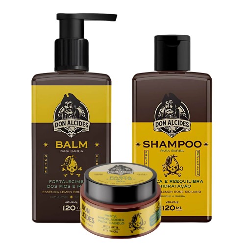 Kit Shampoo e Balm para Barba + Pomada Modeladora Don Alcides Lemon Bone