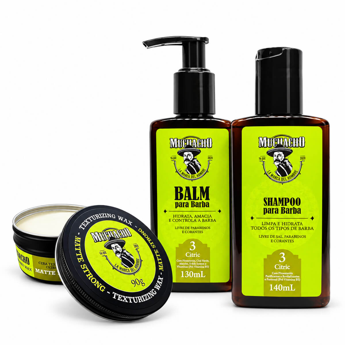 Kit de Barba e Cabelo Muchacho Citric Shampoo, Balm e Cera — MUCHACHO