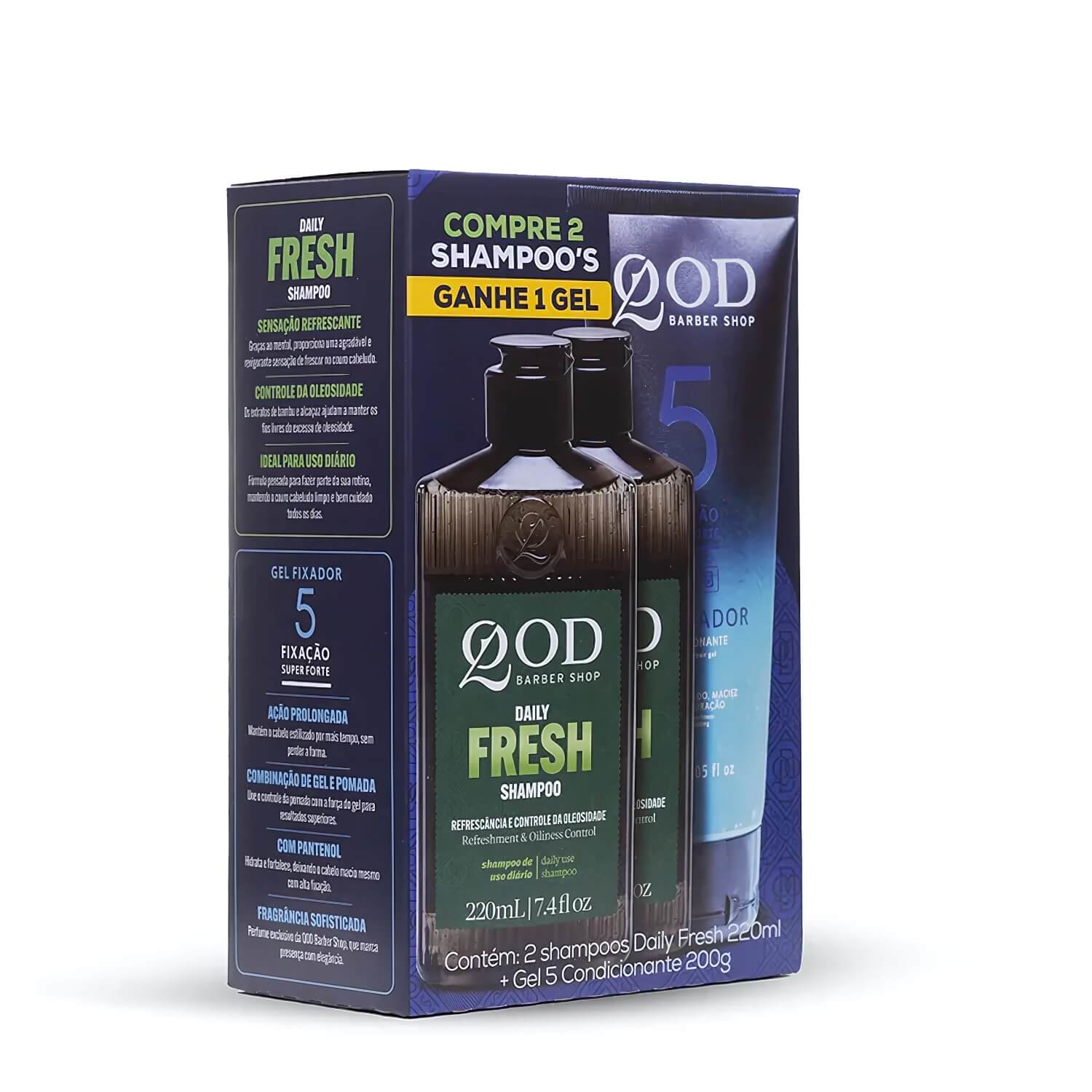 Kit QOD Alta Performance: 2 Shampoos Daily Fresh + Gel Fixador N.5 200g — QOD BARBER SHOP