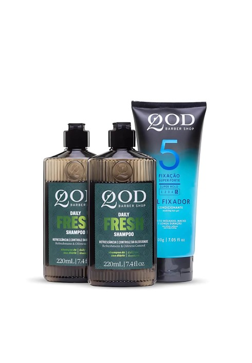 Kit QOD Alta Performance: 2 Shampoos Daily Fresh + Gel Fixador N.5 200g — QOD BARBER SHOP