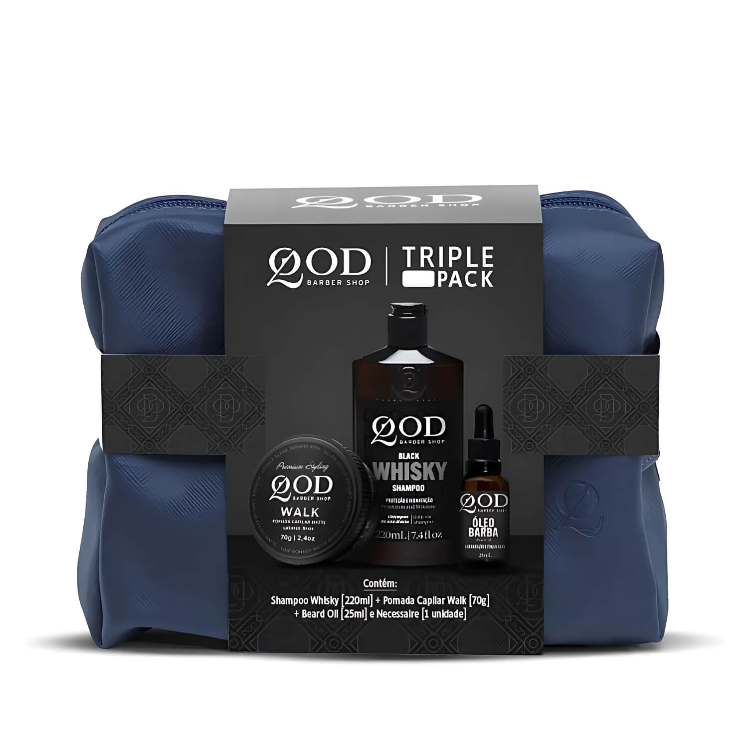 Kit Triple Pack QOD: Shampoo Whiskey 220ml + Pomada 70g + Óleo 25ml + Necessaire — QOD BARBER SHOP