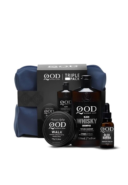 Kit Triple Pack QOD: Shampoo Whiskey 220ml + Pomada 70g + Óleo 25ml + Necessaire — QOD BARBER SHOP