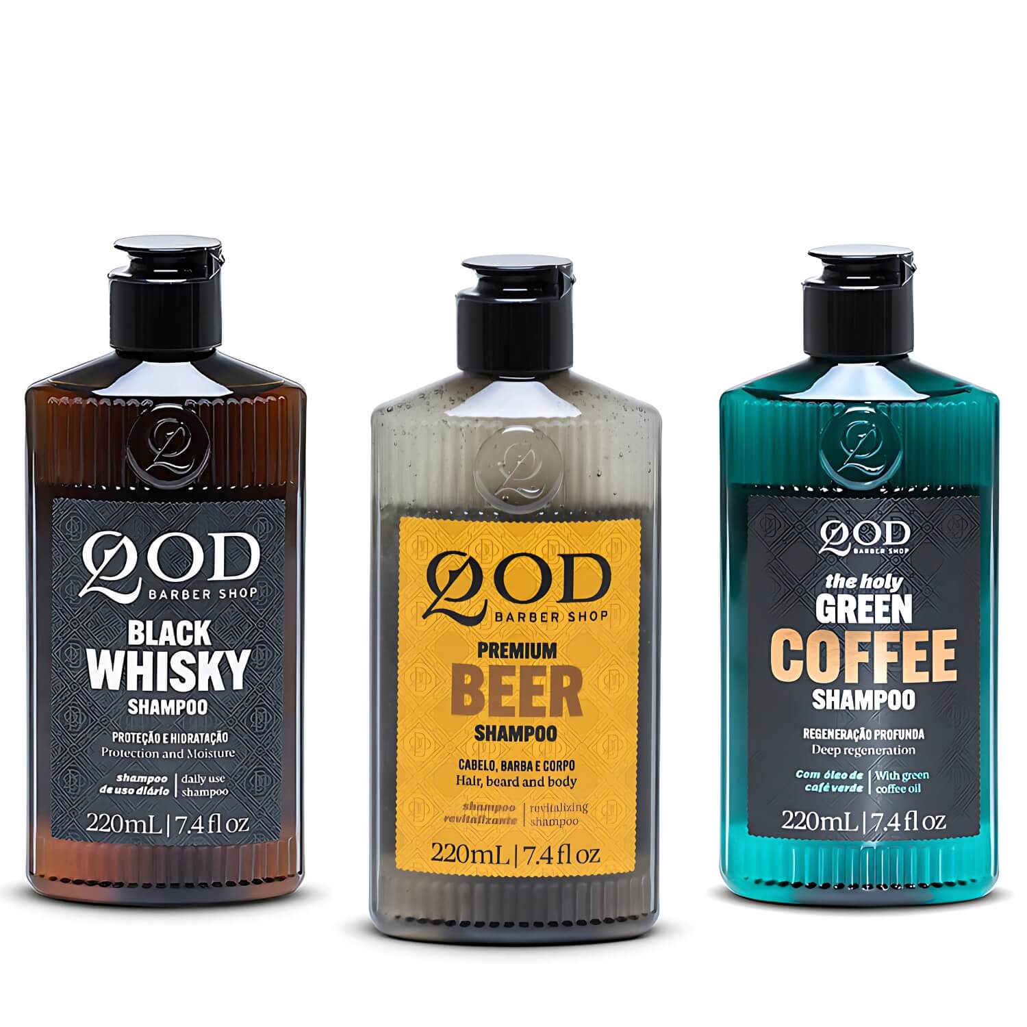 Kit Trilogia QOD: Shampoos Whiskey, Beer e Green Coffee (3x 220ml) — QOD BARBER SHOP