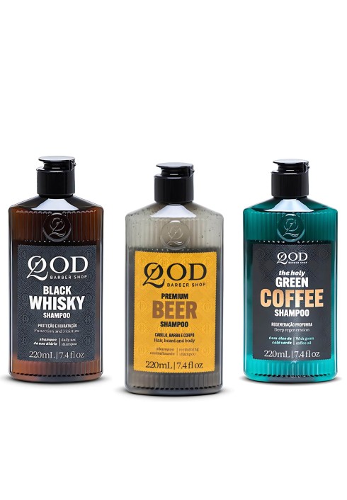 Kit Trilogia QOD: Shampoos Whiskey, Beer e Green Coffee (3x 220ml) — QOD BARBER SHOP